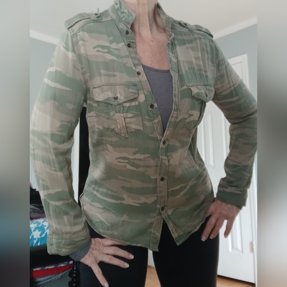 American Eagle Outfitters viscose rayon camo shirt w/embroidered "stay lovely"